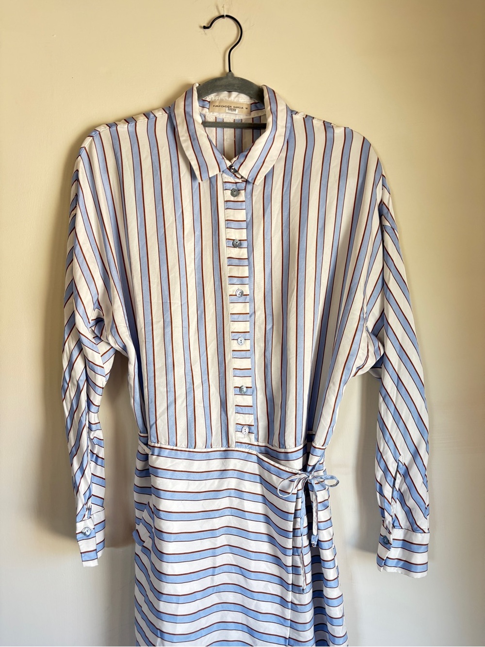 Purificacion Garcia Striped Blue & White Button-Down Wrap Dress size Medium